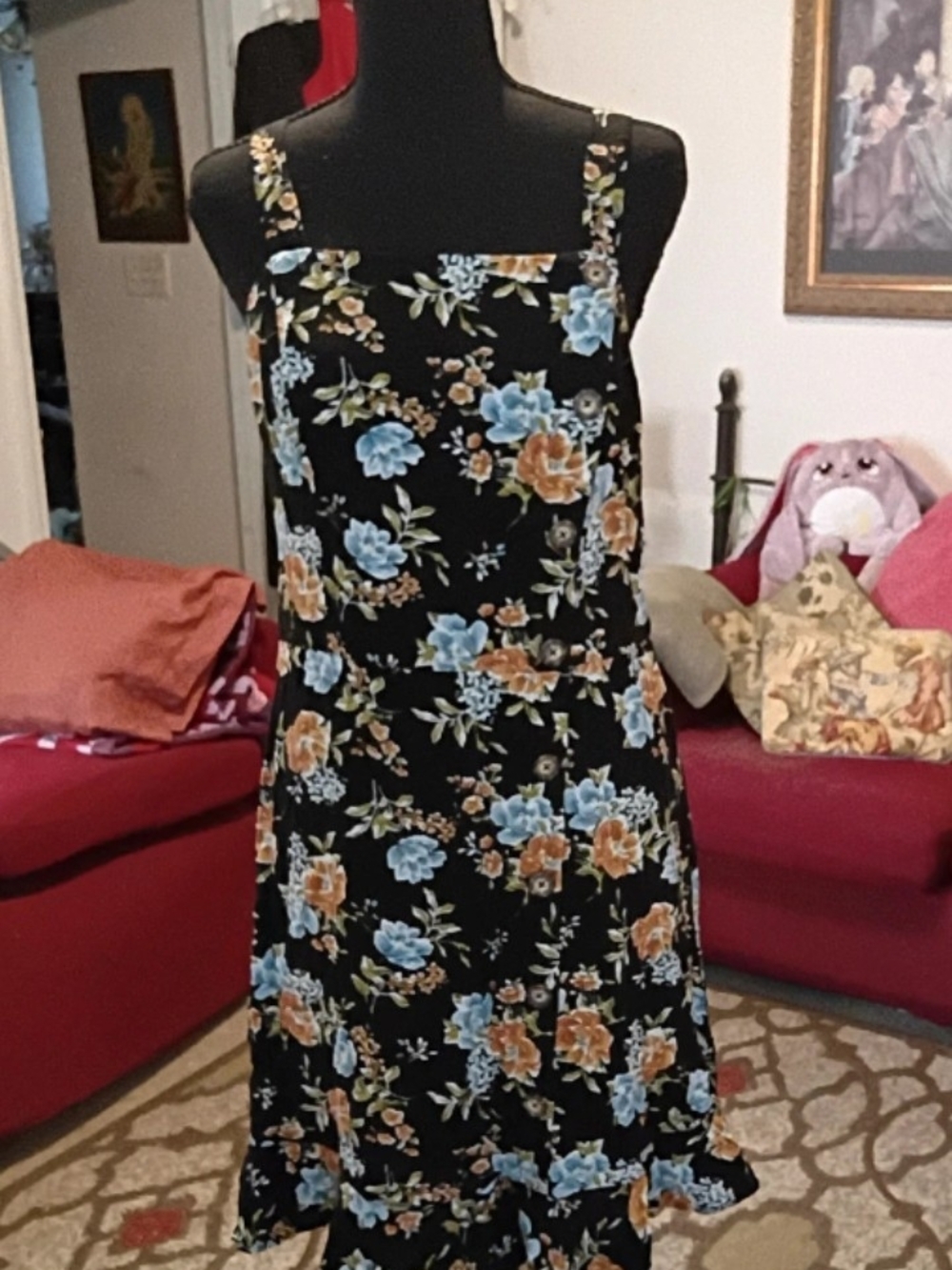 Black Floral Square-Neck Midi Dress with Blue and Tan Blooms
